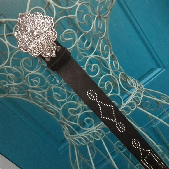 Genuine Leather Belt Buckle Metal Studded Rivets Micro Crystals Black - Picture 13 of 16